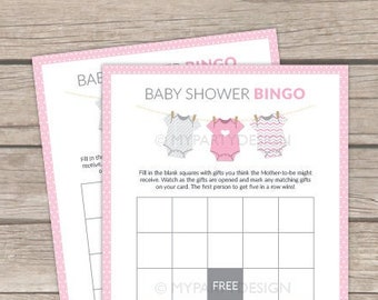 Baby Shower Bingo, Girl BabyShower Game, Pink Baby Shower, bodysuit theme - INSTANT DOWNLOAD - Printable PDF with Editable Text