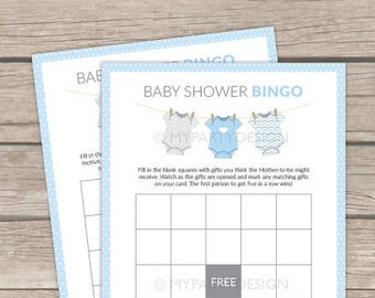 Baby Shower Bingo, Boy Baby Shower, Blue bodysuit theme, BabyShower Game - INSTANT DOWNLOAD - Printable PDF with Editable Text