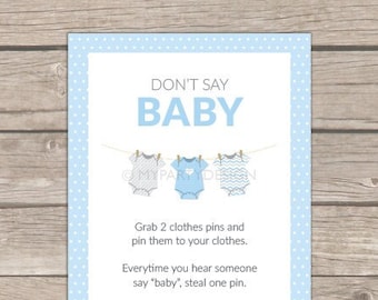 Don't say Baby Game Sign, Blue Baby Shower, bodysuit theme, BabyShower Game, Boy - INSTANT DOWNLOAD - Printable PDF with Editable Text