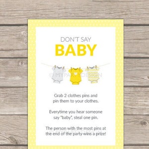 Don't say Baby Game Sign, Yellow Baby Shower, bodysuit theme, BabyShower Game INSTANT DOWNLOAD Printable PDF with Editable Text image 1