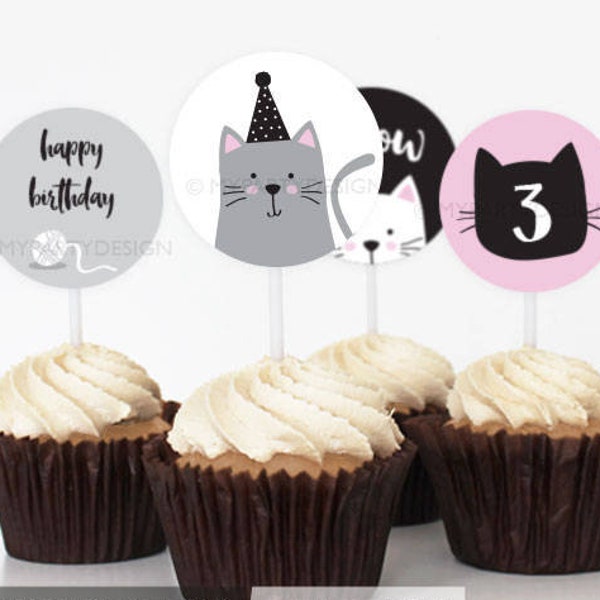 Cat Cupcake toppers, Kitty Cat Party Decorations, Kitten Birthday Pawty Decor - INSTANT DOWNLOAD - Printable PDF with Editable Text