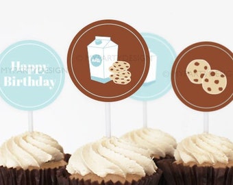 Cookies and Milk Cupcake Toppers, Milk and Cookies Party Decorations, Brown and Blue - INSTANT DOWNLOAD - Printable PDF with Editable Text