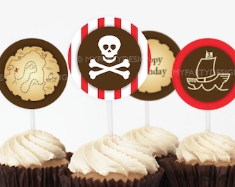 Pirate Cupcake Toppers, Pirate Party Decorations, Pirate Birthday Party Decor - INSTANT DOWNLOAD - Printable PDF with Editable Text