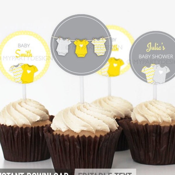 Yellow Baby Shower Cupcake Toppers, Gender Neutral Baby Shower, bodysuit theme - INSTANT DOWNLOAD - Printable PDF with Editable Text