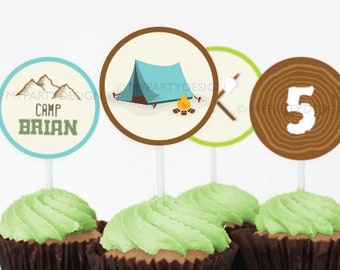 Camping Cupcake Toppers, Camp Party, Boy Birthday Campout Sleepover, Glamping - INSTANT DOWNLOAD - Printable PDF with Editable Text