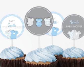Blaue Babyparty Cupcake Toppers, BabyShower Party Dekorationen, Bodysuit Thema - INSTANT DOWNLOAD - Druckbare PDF mit bearbeitbarem Text