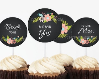 Bridal Shower Cupcake Toppers, Engagement Party Printables, Chalkboard Floral - INSTANT DOWNLOAD - Printable PDF with Editable Text