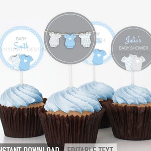 Blue Baby Shower Cupcake Toppers, Boy BabyShower Party Decorations, bodysuit theme - INSTANT DOWNLOAD - Printable PDF with Editable Text