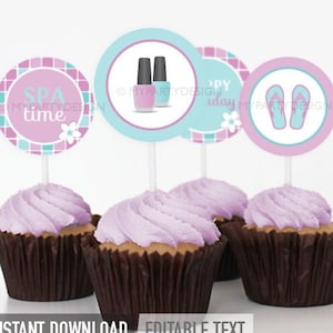 Spa Cupcake Toppers, Spa Party Printables, Spa Birthday Decorations INSTANT DOWNLOAD Printable PDF with Editable Text image 1