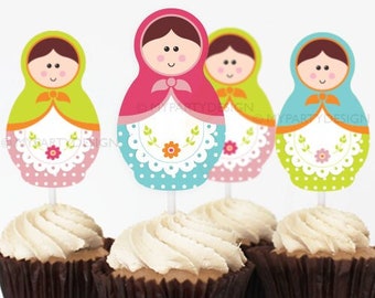 Matryoshka Cupcake Toppers, Russian Doll Birthday Decorations, Babushka Party Decor - INSTANT DOWNLOAD - Printable PDF