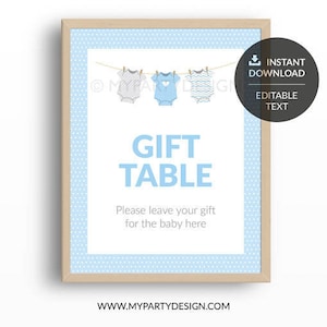 Blue Baby Shower, bodysuit theme, Editable Gift Table Sign, Boy BabyShower INSTANT DOWNLOAD Printable PDF with Editable Text image 1