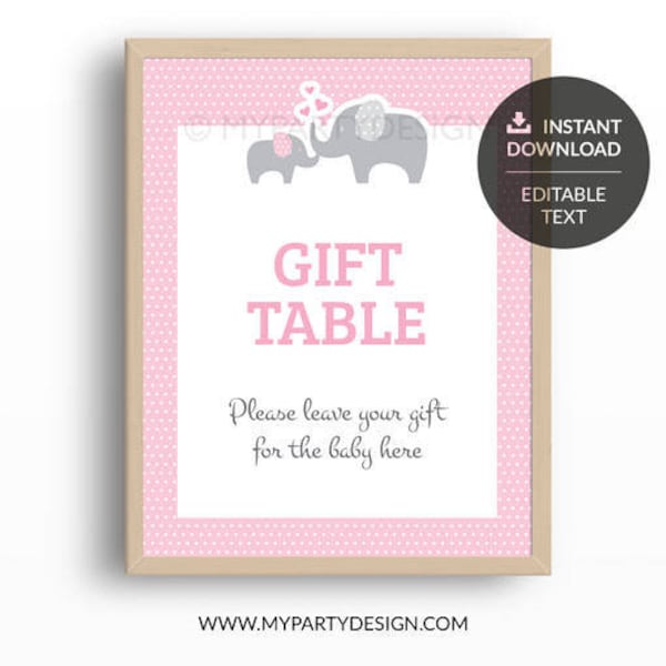 Elephant Baby Shower Sign, Editable Gift Table Sign, Girl Pink BabyShower - INSTANT DOWNLOAD - Printable PDF with Editable Text