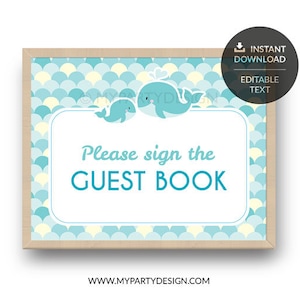 Guest book Sign, Whale Baby Shower Sign, Boy Turquoise, Whale Party INSTANT DOWNLOAD Printable PDF with Editable Text image 1