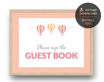 Baby Shower Guest Book Sign, Pink Hot Air Balloon BabyShower for Girl - INSTANT DOWNLOAD - Printable PDF with Editable Text