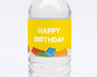 Blocs de construction, étiquettes de bouteilles de fête, décoration d'anniversaire de briques colorées, fête unisexe - TÉLÉCHARGEMENT IMMÉDIAT - PDF modifiable imprimable