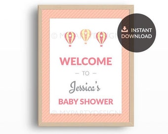Baby Shower Welcome Sign, Pink Hot Air Balloon Girl BabyShower - INSTANT DOWNLOAD - Printable PDF with Editable Text