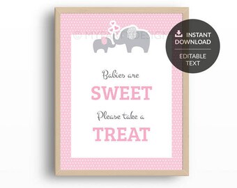 Elephant Baby Shower Sign, Editable Take a Treat Sign, Girl Pink BabyShower - INSTANT DOWNLOAD - Printable PDF with Editable Text