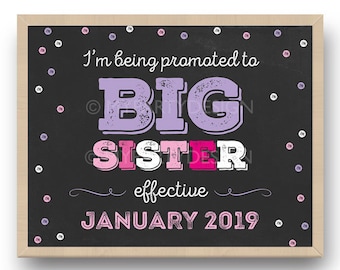 Promoted to Big Sister, Printable Second Pregnancy Announcement Chalkboard Sign, 2nd Baby Photo - INSTANT DOWNLOAD - Printable Editable PDF