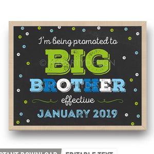 Promoted to Big Brother, Printable Second Pregnancy Announcement Chalkboard Sign, 2nd Baby Photo INSTANT DOWNLOAD Printable Editable PDF image 1