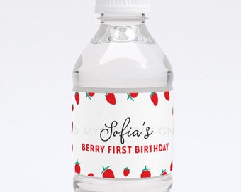 Strawberry Party Bottle Labels, Berry First Birthday Decorations, Summer Fruit - INSTANT DOWNLOAD - Printable PDF with Editable Text
