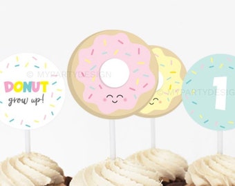 Donut Cupcake toppers, Donut Grow Up, Birthday Party Printables, Sprinkles Party - INSTANT DOWNLOAD - Printable PDF with Editable Text