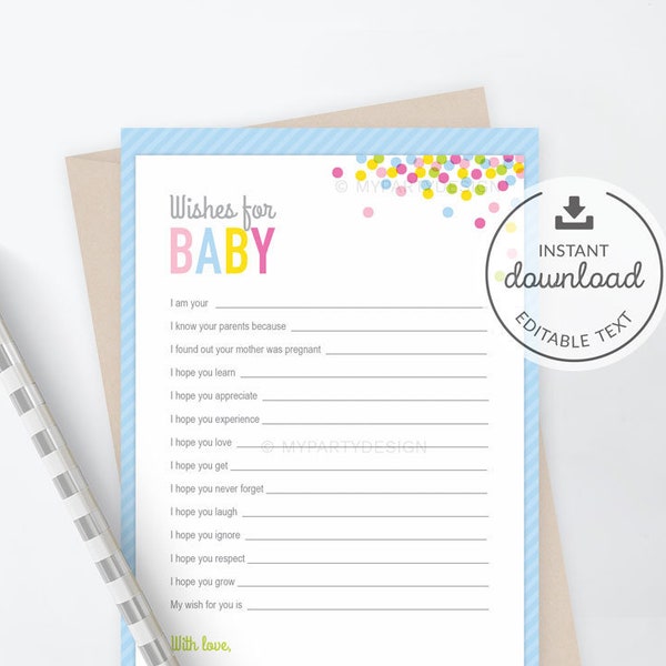 Wishes for Baby Card, Baby Sprinkle Baby Shower Game, Sprinkle BabyShower - INSTANT DOWNLOAD - Printable PDF with Editable Text (BB01)