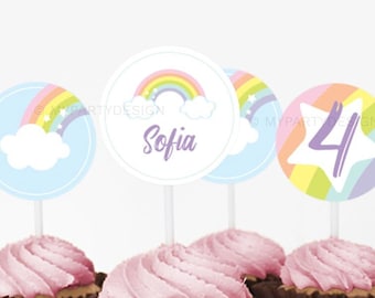 Toppers de cupcakes arco iris, fiesta arco iris pastel, decoraciones de cumpleaños arco iris - DESCARGA INSTANTE - PDF imprimible con texto editable