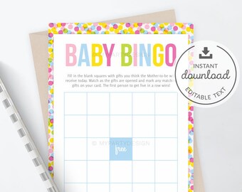 Baby Shower Bingo, Baby Sprinkle BabyShower Game - INSTANT DOWNLOAD - Printable PDF with Editable Text (BB01)