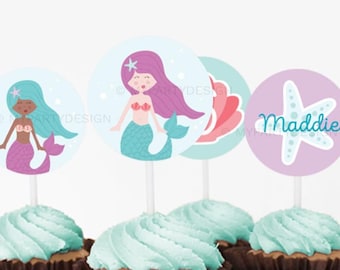 Mermaid Cupcake toppers, Girl Under the Sea Birthday Decorations, Mermaid Party - INSTANT DOWNLOAD - Printable PDF with Editable Text