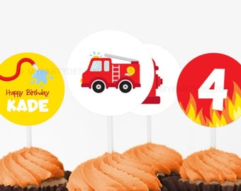 Firetruck Cupcake toppers, Fire Truck Party Printables, Fireman Birthday Party Decor - INSTANT DOWNLOAD - Printable PDF with Editable Text