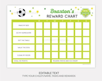 Fußball-Chore-Diagramm für Kinder, Sportbelohnungstabelle, bearbeitbare Aufkleber-Verhaltenstabelle für Jungen - INSTANT DOWNLOAD - Printable editable PDF