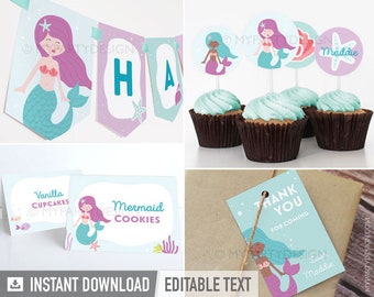 Mermaid Birthday Decorations, Mermaid Printables, Mermaid Party Pack, Birthday Party Kit - INSTANT DOWNLOAD - Printable Editable PDF