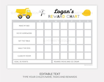 Chore Chart for Kids, Construction Reward Chart, Boys Editable Behavior Chart, Dump Truck Theme - INSTANT DOWNLOAD - Printable Editable PDF