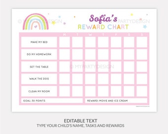 Rainbow Reward Chart for Kids, Sticker Chore Chart, Editable Behavior Chart for Girls, Pink - INSTANT DOWNLOAD - Printable Editable PDF