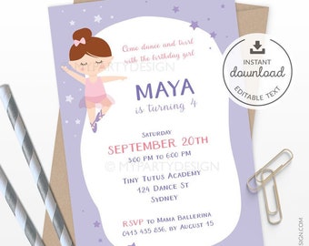 Ballerina Birthday Invitation, Ballet Party Invite, Dance Party, Purple - INSTANT DOWNLOAD - Printable PDF with Editable Text