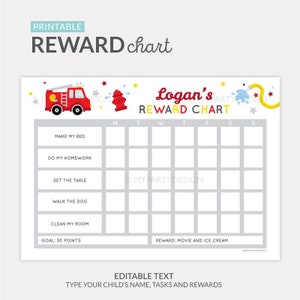 May include: Printable reward chart with a fire truck, fire hydrant, and hose design. The chart has a space for a child's name, a list of tasks, and a goal of 30 points. The reward is "movie and ice cream".