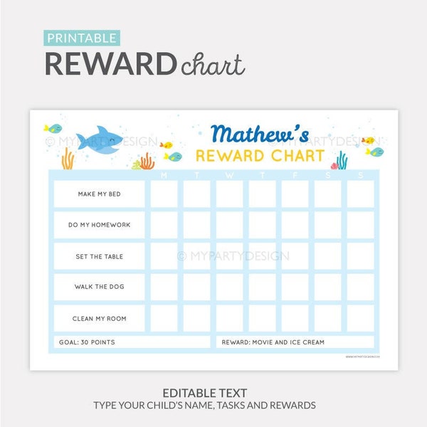 Under the Sea Reward Chart for Kids, Shark Chore Chart, Editable Behavior Chart for Boys / girls - INSTANT DOWNLOAD - Printable Editable PDF