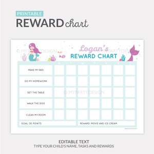 Printable Mermaid Reward Chart for Kids, Chore Chart, Editable Behavior Chart for Girls - INSTANT DOWNLOAD - Printable Editable PDF