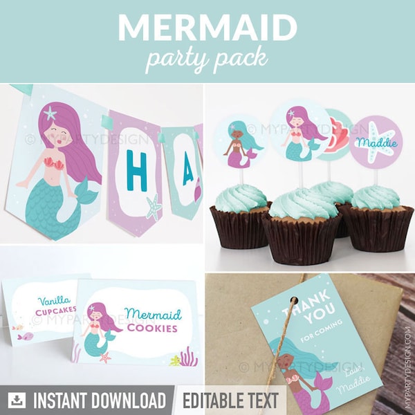 Mermaid Birthday Decorations, Mermaid Printables, Mermaid Party Pack, Birthday Party Kit - INSTANT DOWNLOAD - Printable Editable PDF