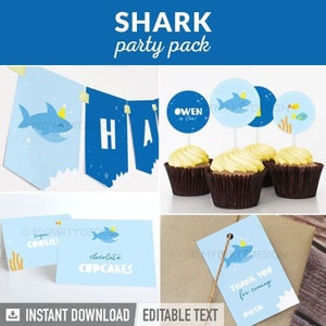 Shark Birthday Decorations, Shark Party Pack, Under the Sea Party Decor Kit for boy or girl INSTANT DOWNLOAD Printable Editable PDF image 1