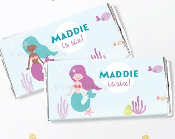 Mermaid Party Chocolate Wrappers, Mermaid Party Favors, Mermaid Birthday Decorations - INSTANT DOWNLOAD - Printable PDF with Editable Text