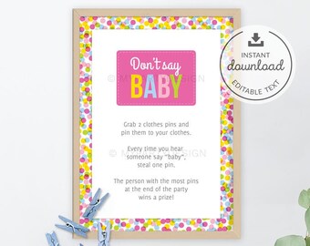 Don't say Baby Game Sign, Baby Sprinkle Decorations, Baby Shower Game, Girl BabyShower - INSTANT DOWNLOAD - Printable Editable PDF (BB01)