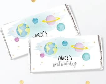 First Trip around the Sun Birthday Chocolate Wrappers, Space Party Favors, Outer Space Decor - INSTANT DOWNLOAD - Printable Editable PDF