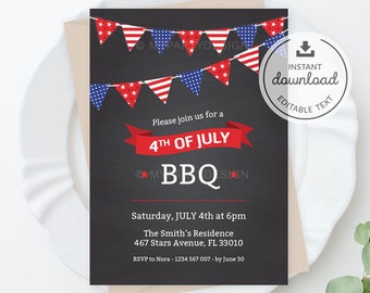 4th ofJuly Invitation, Printable Fourth of July Barbecue Invite, Backyard Bbq Party - INSTANT DOWNLOAD - Printable PDF with Editable Text