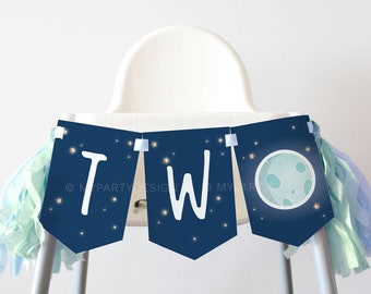 Outer Space Party High Chair Banner for Second Birthday, Two the Moon and Back Bunting Decoration - INSTANT DOWNLOAD - Printable PDF