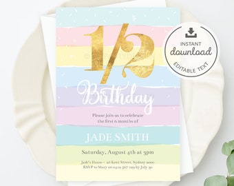 Half Birthday Invitation, 6 Months Party Invite, 1/2 Bday, Gold Rainbow Watercolor Stripes - INSTANT DOWNLOAD - Printable Editable PDF