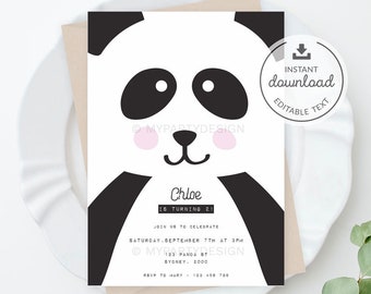 Printable Panda Invitation, Panda Birthday Party Invite, 1st Birthday or Unisex Baby Shower - INSTANT DOWNLOAD - Printable Editable PDF