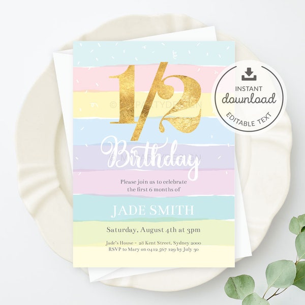 Half Birthday Invitation, 6 Months Party Invite, 1/2 Bday, Gold Rainbow Watercolor Stripes - INSTANT DOWNLOAD - Printable Editable PDF