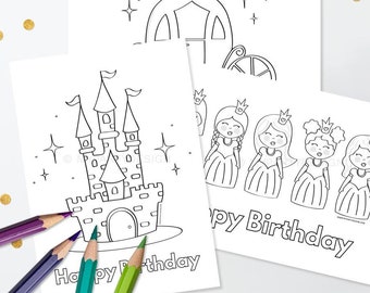 May include: A set of three printable coloring pages featuring a castle, a carriage, and four princesses. The pages include the text "Happy Birthday".