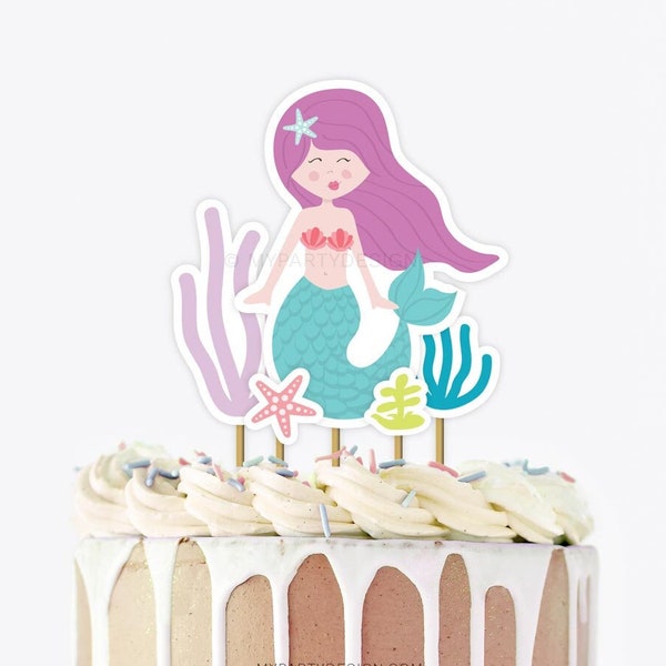 Mermaid Cake Topper, Under the Sea Birthday, Girl Mermaid Party Decorations - INSTANT DOWNLOAD - Printable PDF